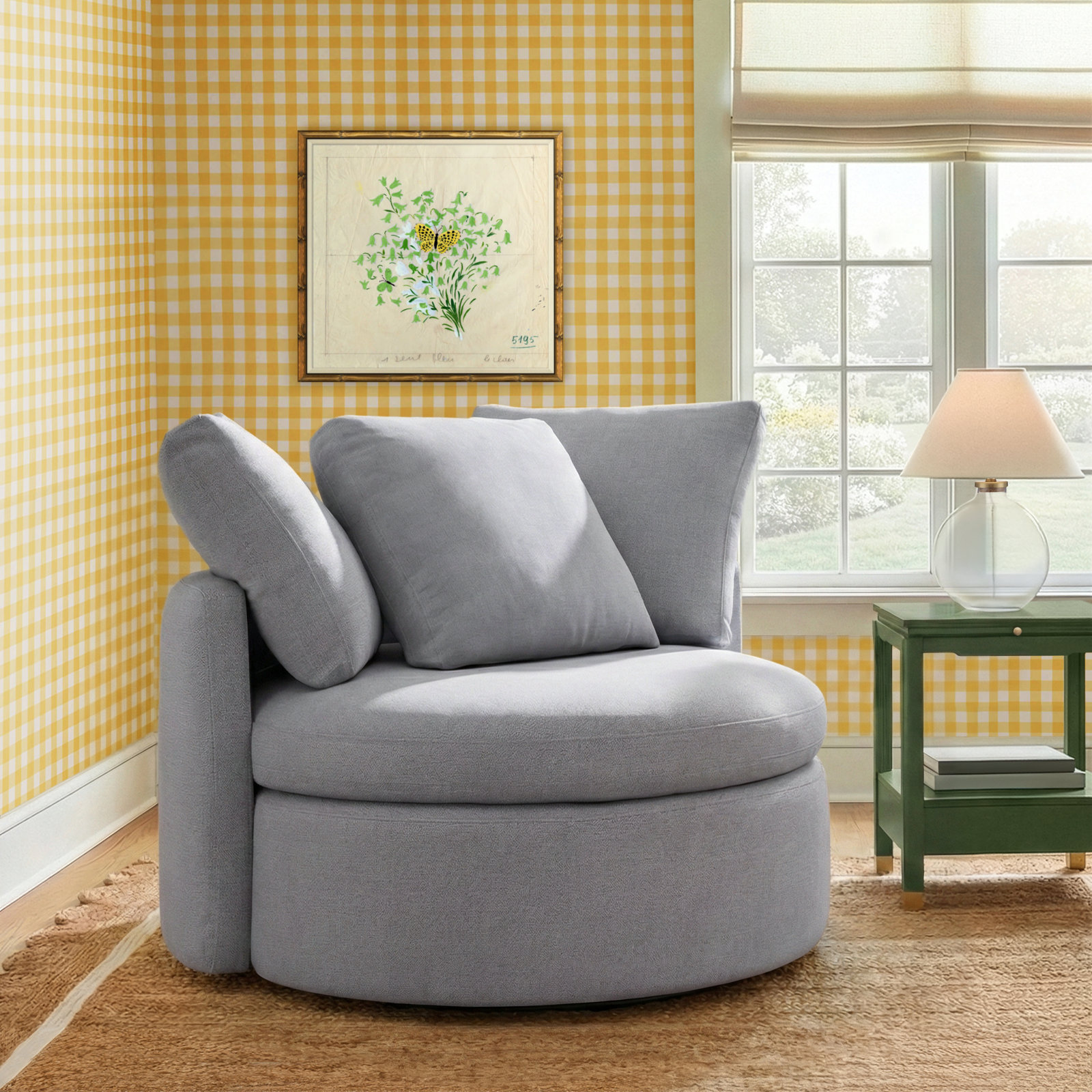 Bertice Linen Swivel Barrel Chair, Effie Gray Performance Linen