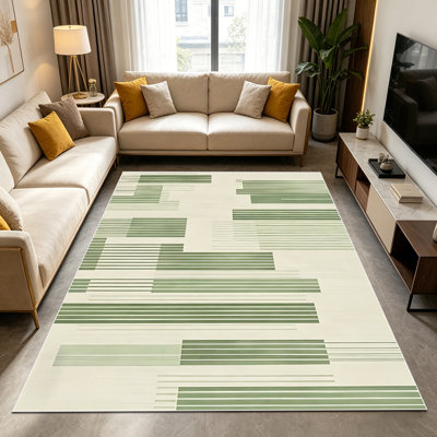 1PC Sage Green Beige Vertical Stripe Geometric Modern Minimalist area rugs for Living Room, Soft, All seasons, Easy-maintain, Washable Indoor mat, Farmhouse suitable for dining room, bedroom, home office...