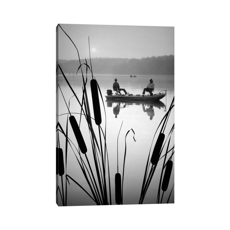 1980s Two Anonymous Silhouetted Men In Bass Fishing Boat On Calm Water Lake Cattails In Foreground - Wrapped Canvas Print