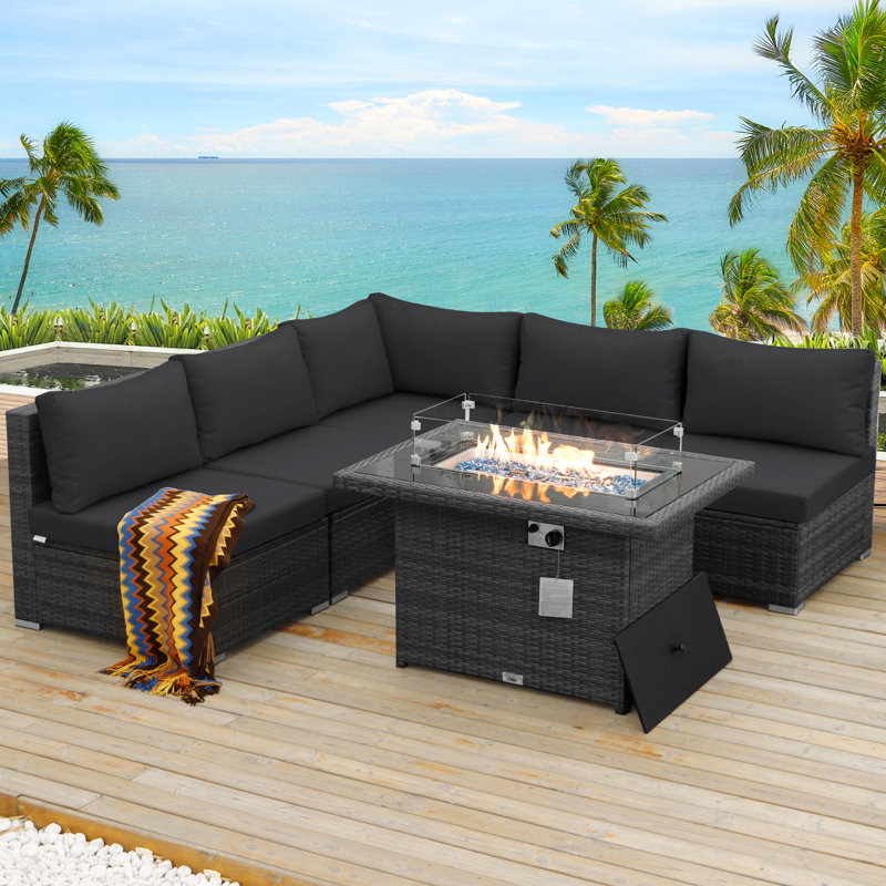 Arisbel 6-Piece Wicker Outdoor Modular Sectional Conversation Set with 43" Fire Pit Table, 60,000 BTU, High-Back 4.1" Cushions