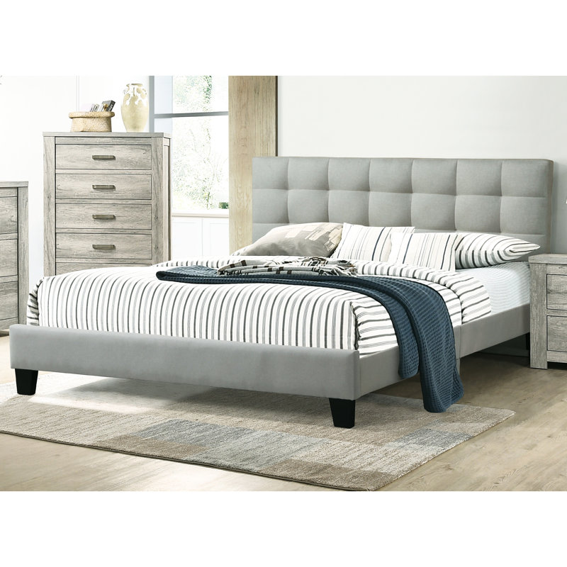 Lit double au design moderne avec tête de lit grise et rembourrage en mousse contemporain, Lit double, Gris clair