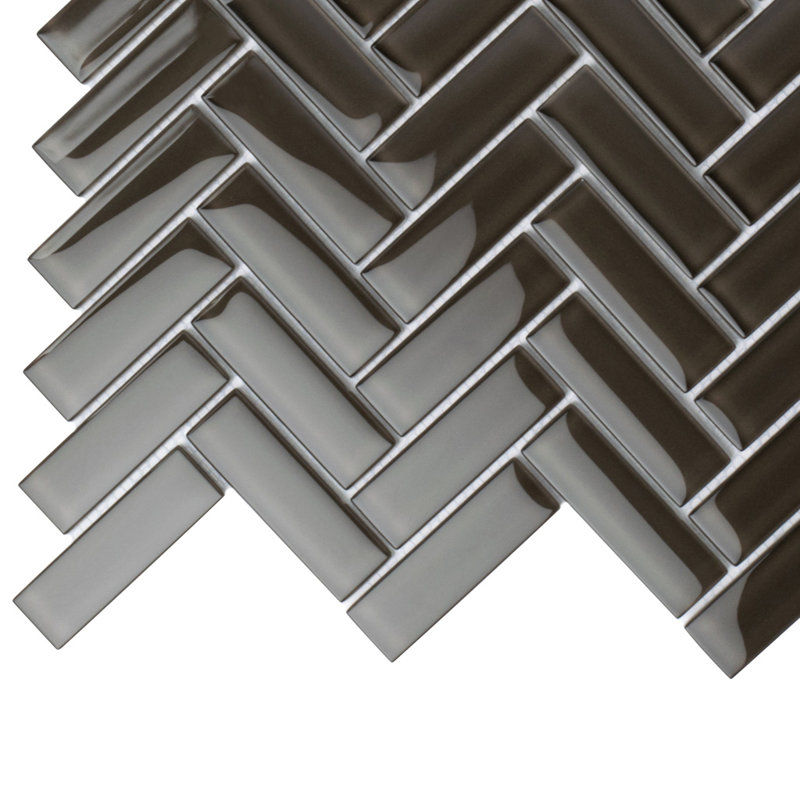 11"X 12.6" Herringbone Polished Glass Mosaic Tile, Ash Gray