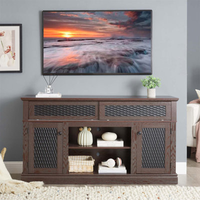 Embossed Pattern TV Stand And Media Console With Open And Closed Storage, Sliding Doors For Living Room & Bedroom, CHERRY Finish