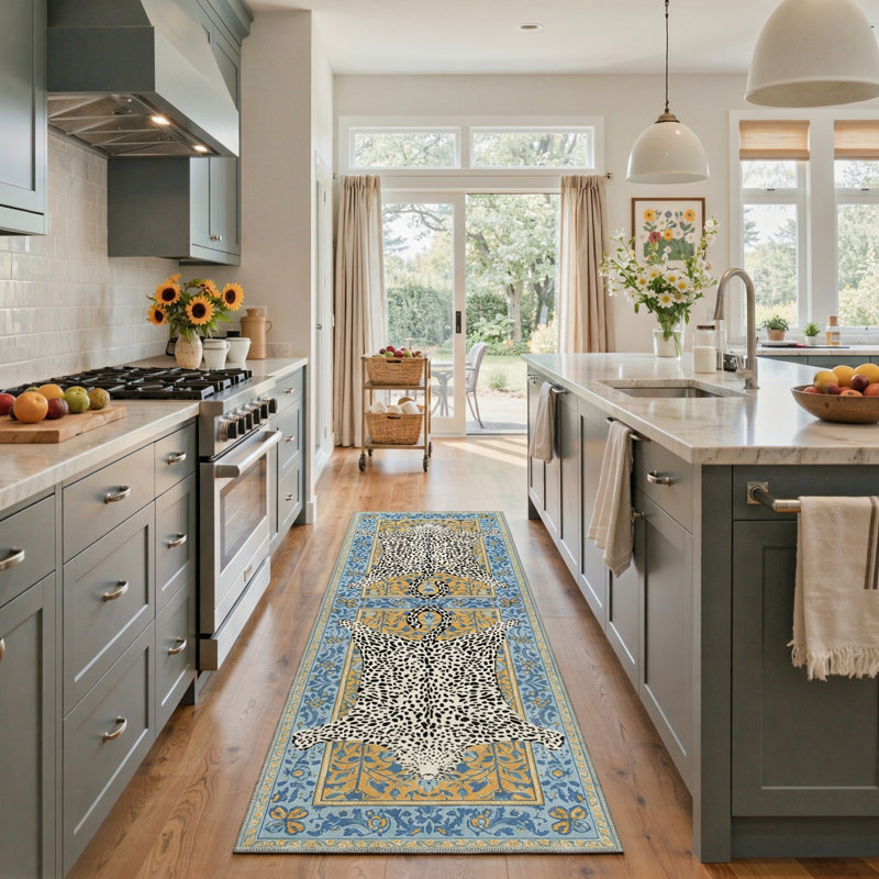 Alinda Savanna Animal Print Machine Washable Blue / Yellow / Beige Indoor Area Rug with Non-Slip Backing, Runner 2' x 6'