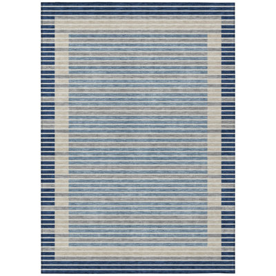 3' X 5' Navy Blue And Denim Blue Striped Washable Indoor Outdoor Area Rug