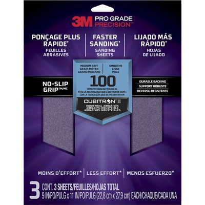 3M 26100TRI-3 9" X 11" Med (100 Grit) Pro Grade Precision Faster Sanding Sheets (3Pk)