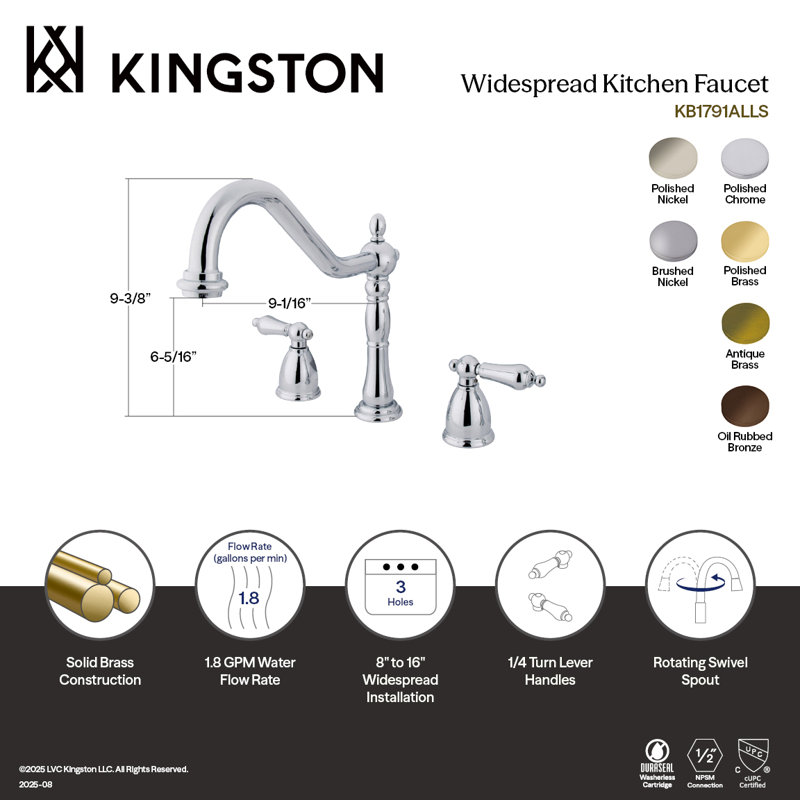 Kingston Brass Heritage Double-Handle Widespread Kitchen Faucet, Polished Nickel, Without Spray, Lever