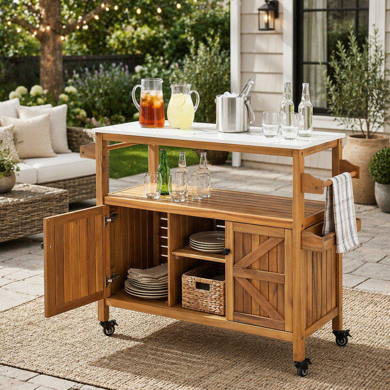 Chariot de bar extérieur en bois d'acacia avec comptoir à effet marbre, armoires et roulettes verrouillables