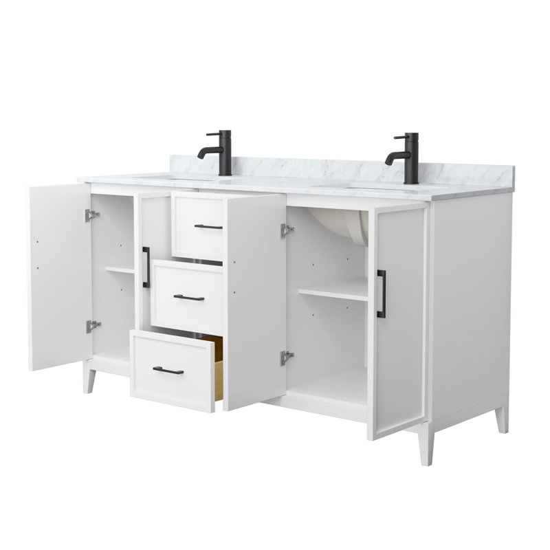 Meuble-lavabo double avec plateau en marbre Elan, Blanc, Noir mat, 66"