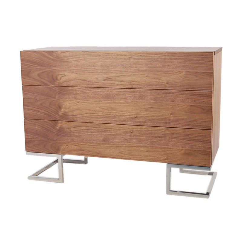 Pangea Home Modern 3-Drawer Dresser / Sideboard Buffet – Contemporary Storage Cabinet with Sleek Steel Base – Available in Walnut Light Brown Wood Veneer Finish - Bedroom, Dining Room, Entry Console