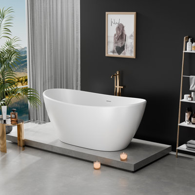 61-Inch Matte White Double Slipper Freestanding Solid Surface Bathtub | Center Drain | Modern Luxury Soaking Tub