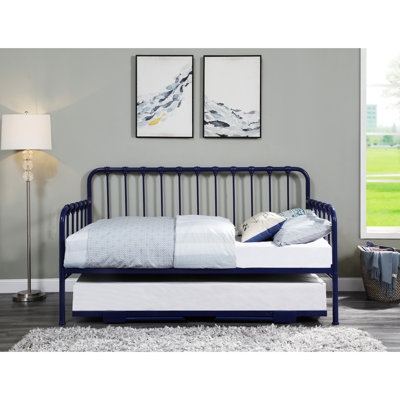 Lit de jour bleu marine avec couchette relevable, structure classique en métal, utilisation dans la chambre à coucher, aucun sommier requis, matelas simple de moins de 8 pouces, lit de jour gigogne d'une capacité de 300 lb, essentiel, fondation, facile