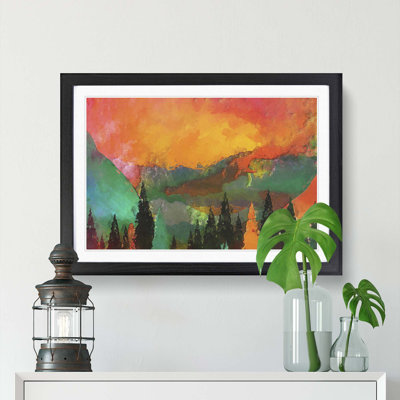 Trees at the Foot of a Setting Sun in Abstract - Framed Print