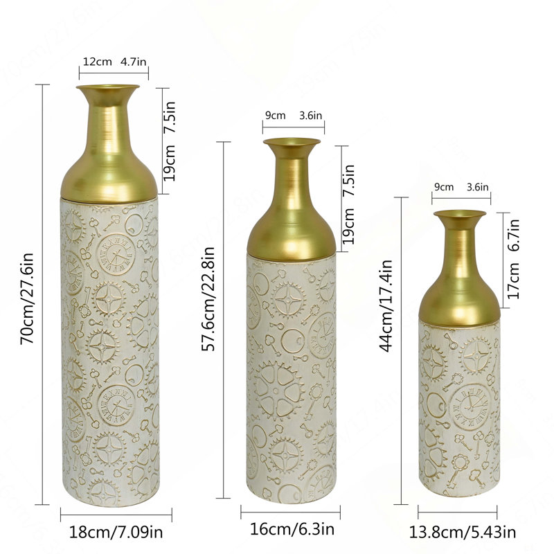 Ensemble de 3 vases décoratifs, vases de sol en métal à motif de feuilles, grands vases pour la décoration intérieure, salon