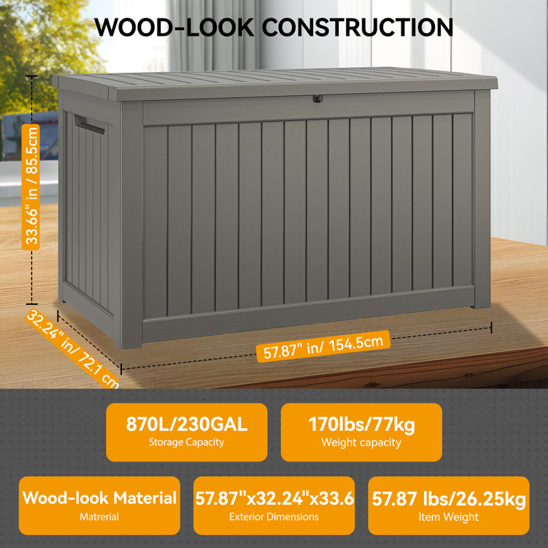 230 Gallon Outdoor Storage Box Waterproof with Lockable Lid, Gray, 33.66" H x 57.87"W x 32.34" D