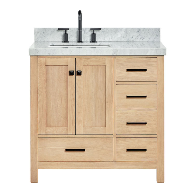 Ariel Cambridge 36 In. Left Offset Vanity With 2 In. Carrara Marble Countertop, Oak