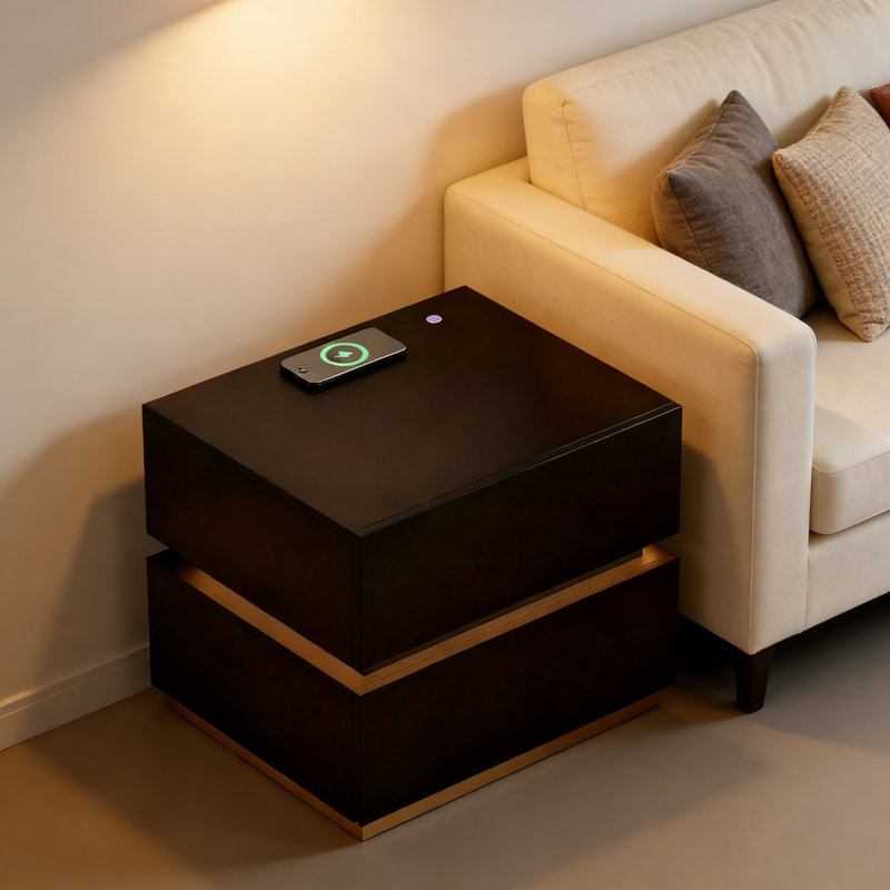 Table de chevet intelligente à 2 tiroirs avec lumière DEL, Noir