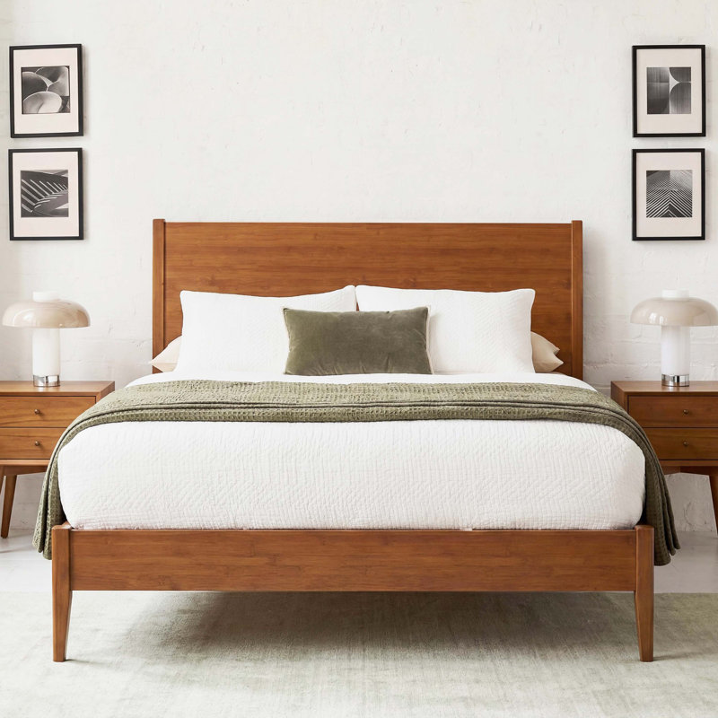 Structure de lit plateforme en bois de bambou massif de style Mid-Century avec lattes de bois et support en métal, lit sommier, assemblage facile