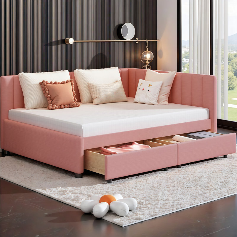 Durable Upholstered Storage Daybed Twin/Full Size with 2 Drawers - No Box Spring Needed, Full / Double, Pink