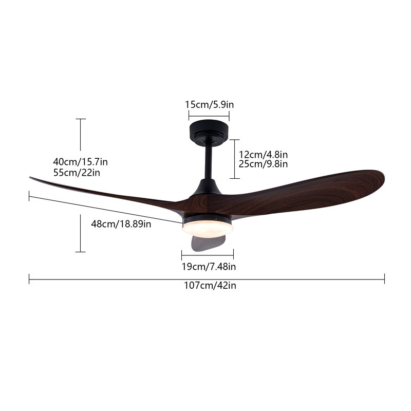 42Inch 3 Brown Blades Wood Ceiling Fan LED Lights With Remote Contorl and Timing Function, 11" H x 42" W  x 42" D