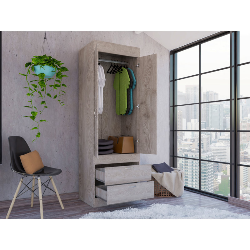 Armoire, armoire à deux portes, deux tiroirs, poignées en métal, tringle, gris clair