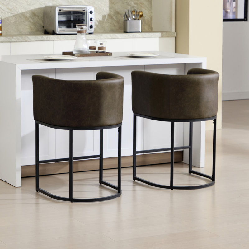 Upholstered Counter Height Bar Stools, 25.5'' H Modern Barrel Counter Stools With Backs And Arms, Metal Legs, Accent Barstools For Kitchen Island/Breakfast Bar/Home Pub