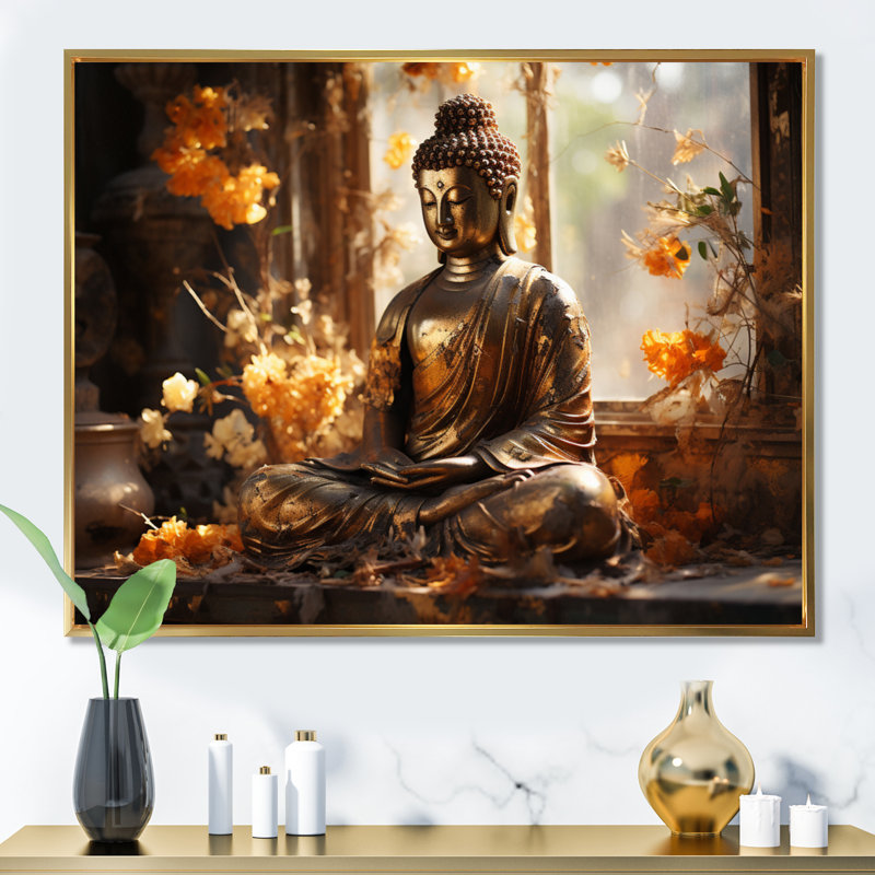 Bouddha doré thaïlandais - art mural de la Thaïlande, H 12 po x l 20 po x P 1 po, Cadre flottant doré