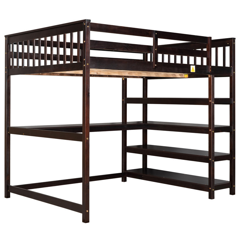 Lit mezzanine avec tablettes de rangement et bureau sous le lit, Double, Espresso