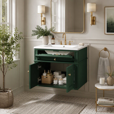 Meuble-lavabo mural 24 po avec tiroir basculant et charnières à fermeture en douceur, armoire de salle de bain avec structure ouverte à l'arrière, 2 portes, meuble-lavabo avec lavabo simple en céramique