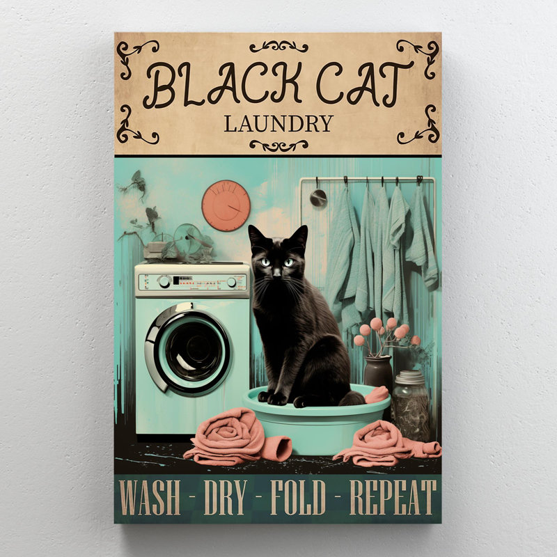 Black Cat Laundry - 1 Piece Rectangle Graphic Art Black Cat Laundry - Wrapped Canvas Print, H 20 po x l 16 po x P 1,25 po