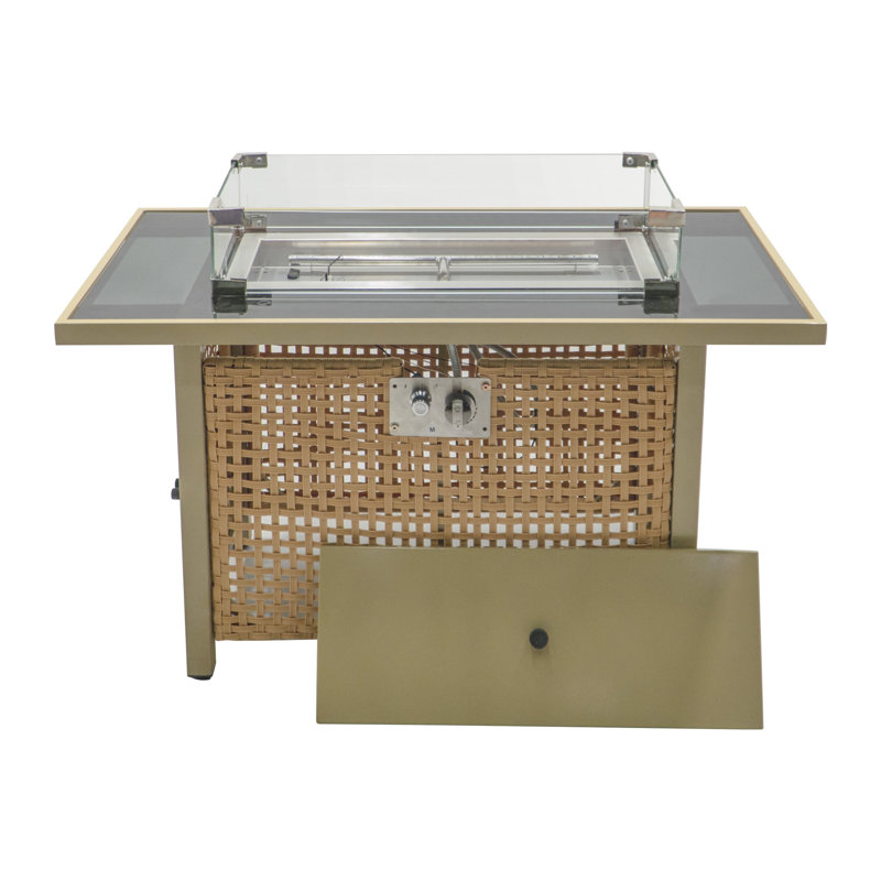K&K 43" Propane Gas Fire Pit Table, 60000 BTU Rectangular Open Weave Wicker Fire Pit with Glass Wind Guard for Outside Patio Deck Garden Backyard