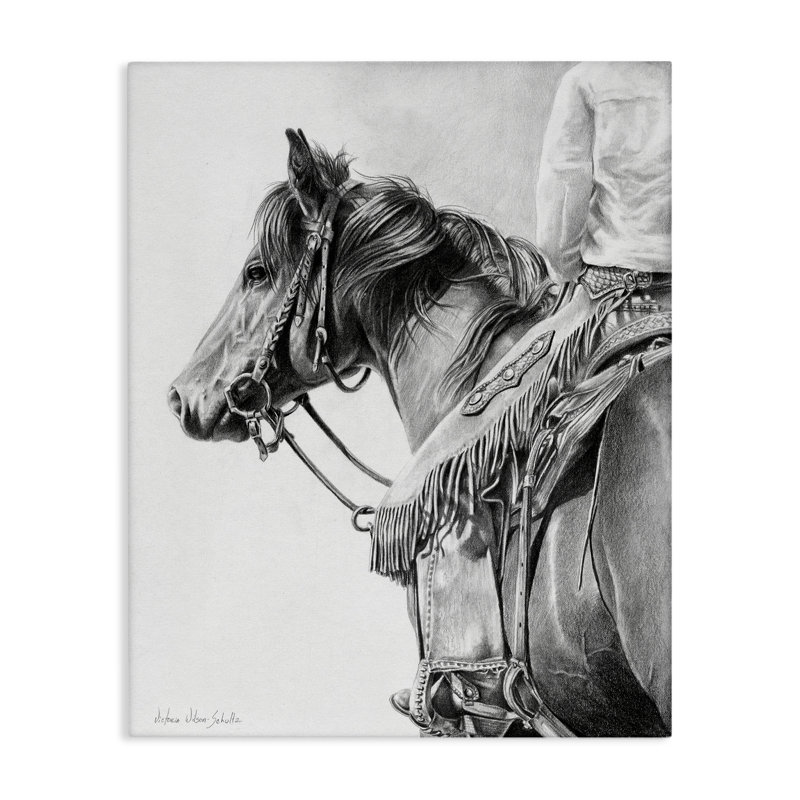 Art mural détaillé sur étalon et cowboy par Victoria Schultz, H 48 po x l 36 po