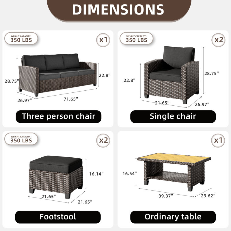 6 Pieces Patio Furniture Set, Outdoor Wicker Sofa Couch With Single Sofa 40" Coffee Table, High Back Modern All Weather Conversation Sets Dark Gray