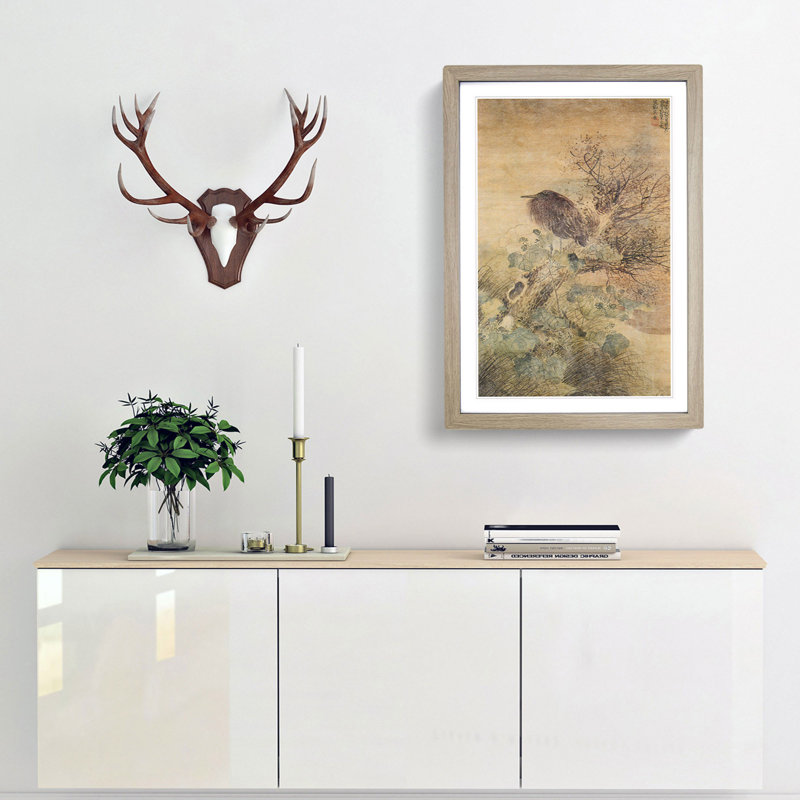 Blue Heron & Hibiscus by Matsumura Goshun - Framed Print, 60cm H x 40cm W x 2cm D, Oak