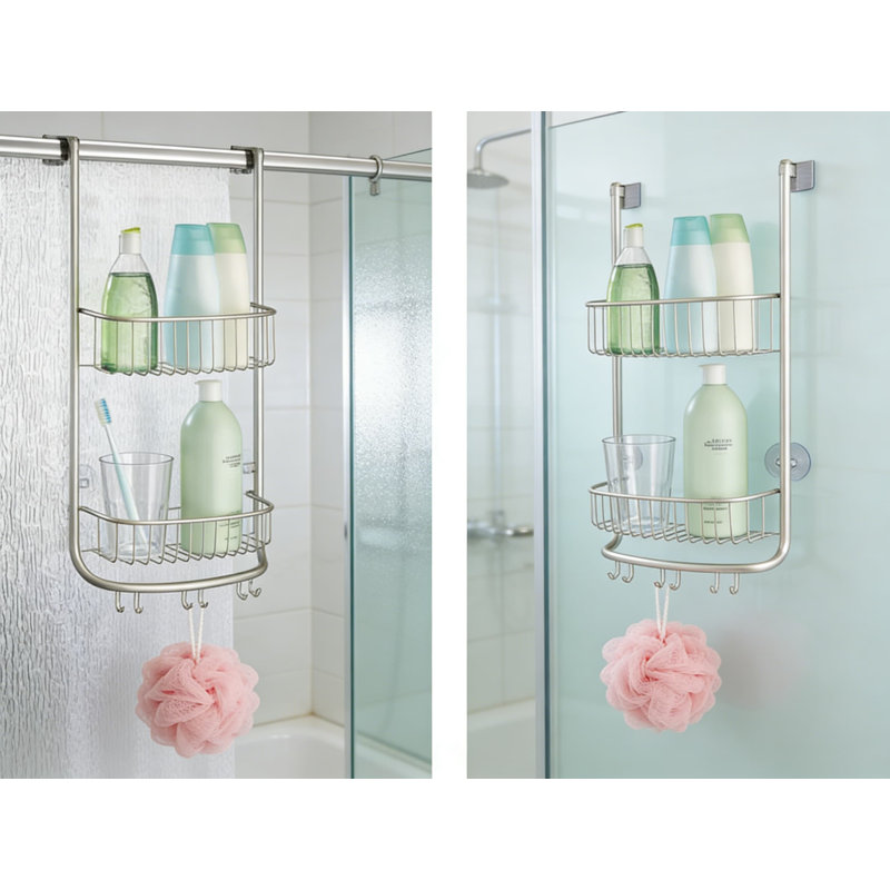 Serviteur de douche au-dessus de la porte avec paniers et crochets de rangement, installation sans outil pour l'organisation du shampooing, du revitalisant et des serviettes dans la salle de bain
