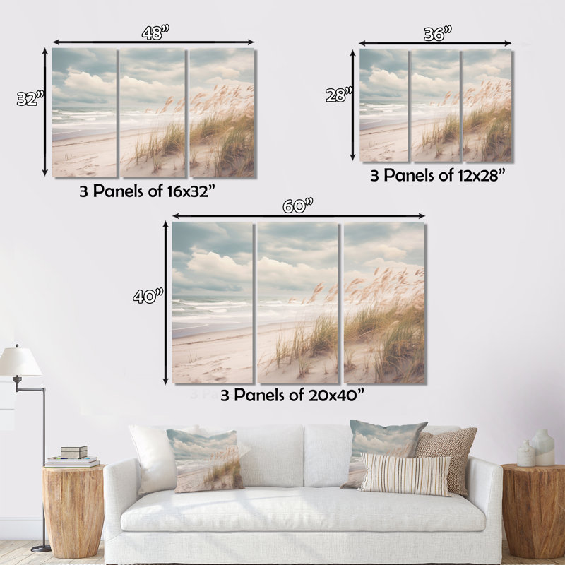 «Beach Grass Landscape IV» sur toile, reproduction de 3 pièces, H 32 po x l 48 po x P 1 po