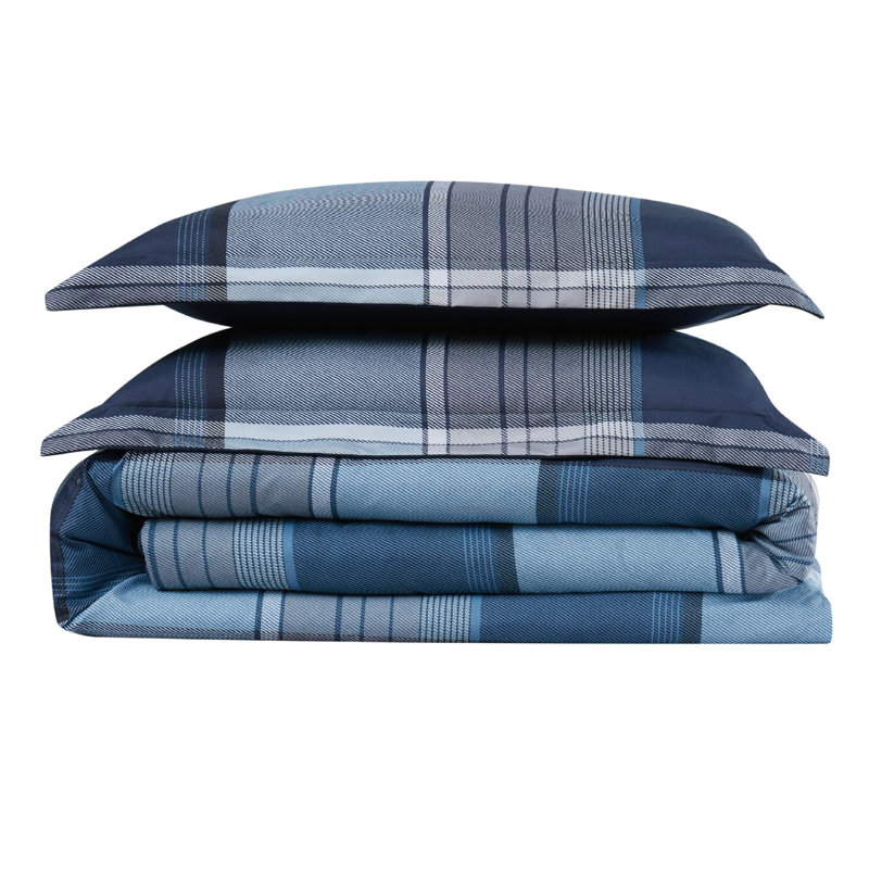 Full/Queen Blue Plaid Reversible Microfiber Comforter Set