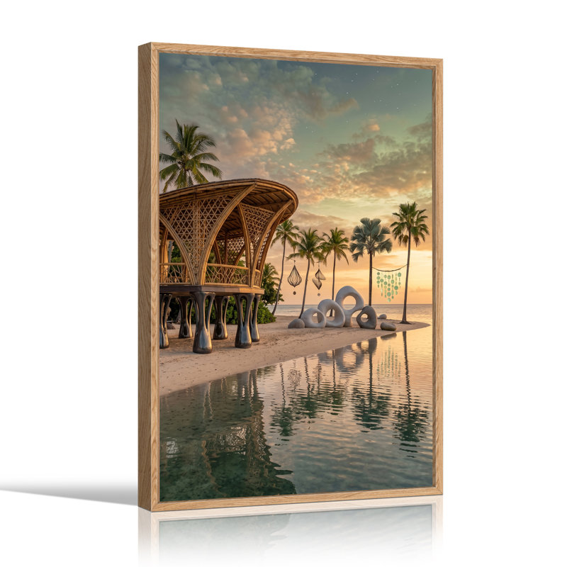 Toile tendue en bambou tissé sur une plage tropicale au coucher du soleil, H 48 po x l 32 po