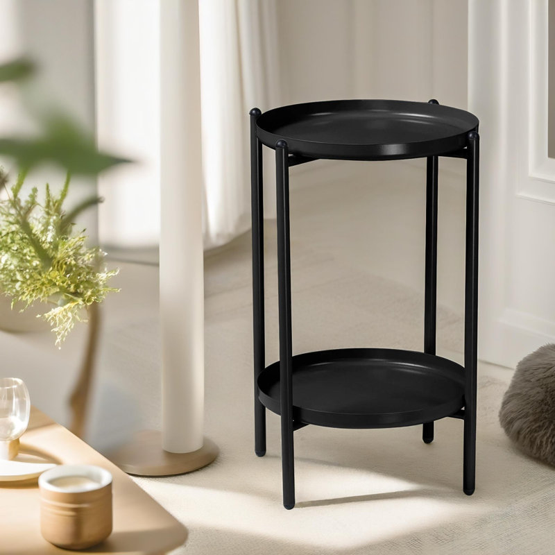 Akhil 2 Tier Black Side Table with Storage Shelves in Living Room