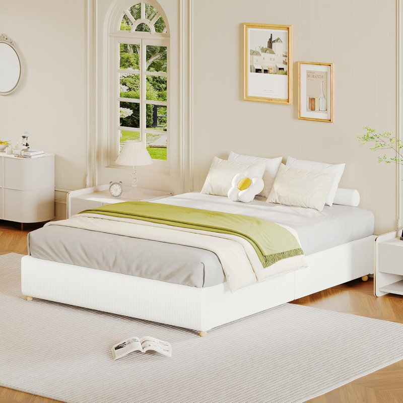 Minimalist Cloud Bed Frame Full Size - Corduroy Upholstered, Low Platform, Solidified Wood Round Legs, No Headboard, No Box Spring Needed, Quiet & Easy Assembly, White Corduroy, FULL Size