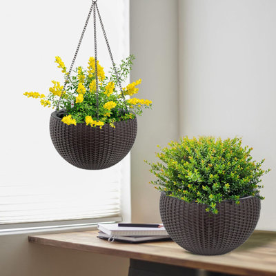 Boîte à fleurs suspendue en rotin de 13,4 pouces à grande capacité, résistante à la pourriture et avec indicateur de niveau d'eau, à double usage pour décoration intérieure et balcon