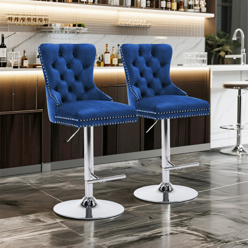 Tabourets de bar pivotants en velours de luxe avec hauteur réglable (ensemble de 2), Bleu