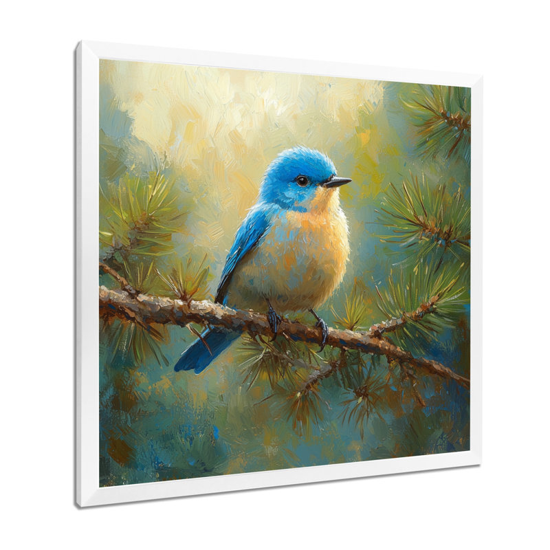 «Cheery Bluebird In The Pines I», art mural oiseau, H 30 po x l 30 po, Reproduction encadrée d'une seule photo, Blanc