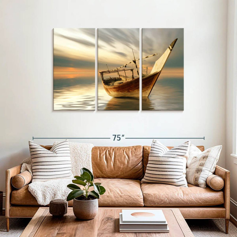 Bateau Mehar au coucher du soleil, H 36 po x l 57 po