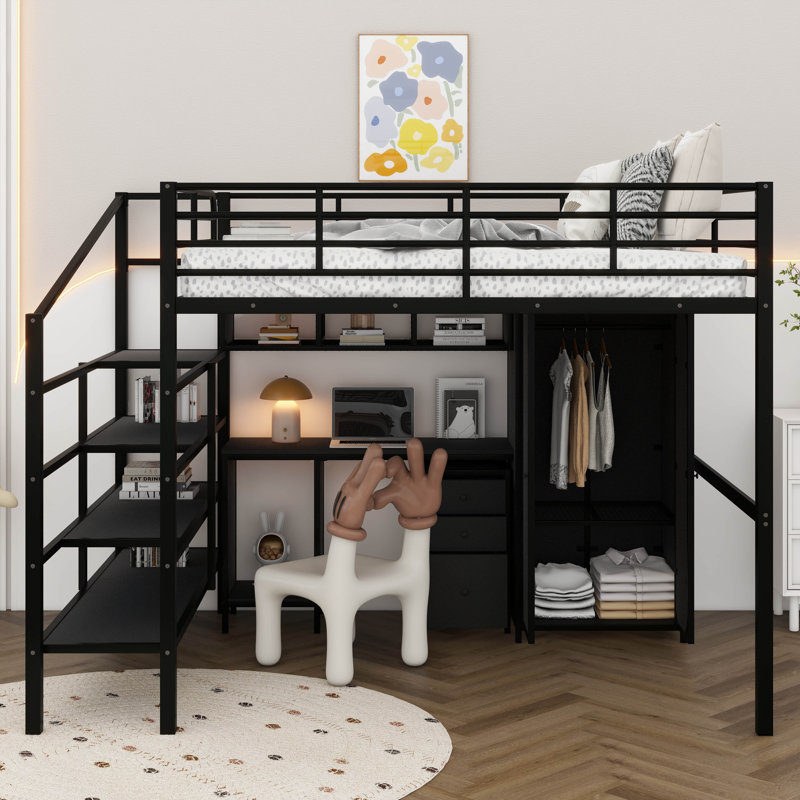 Lit mezzanine double en métal avec ensemble de table et garde-robe intégrés