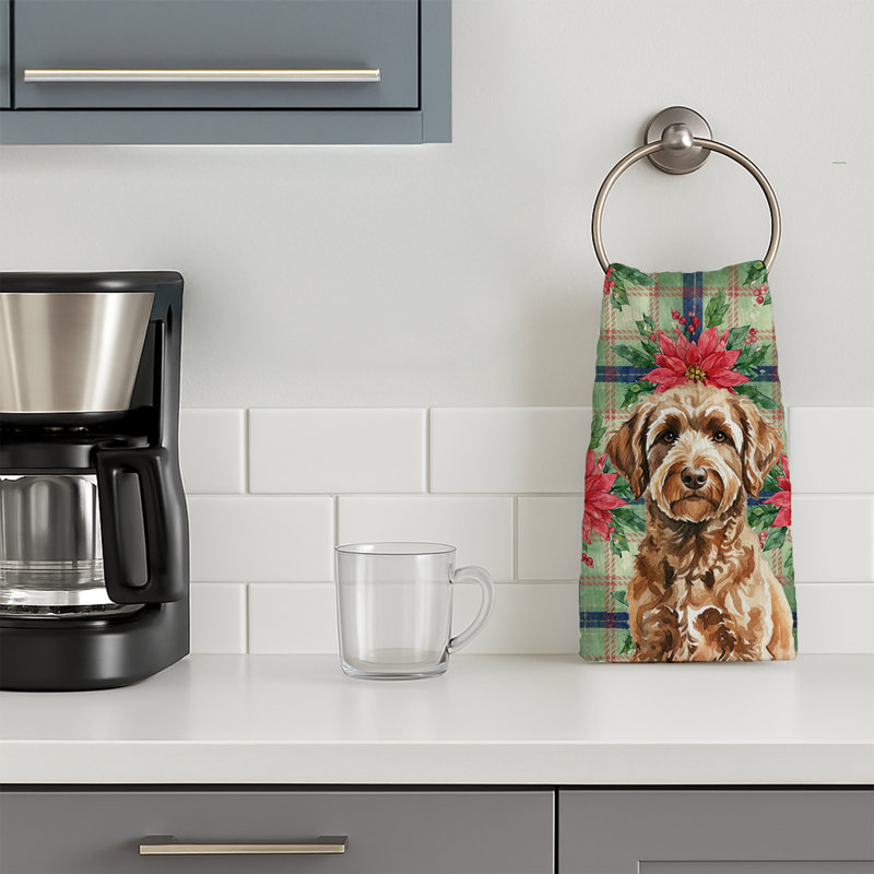 Chocolate Labradoodle Christmas PoinsettIas Kitchen Towel, Chocolate Labradoodle