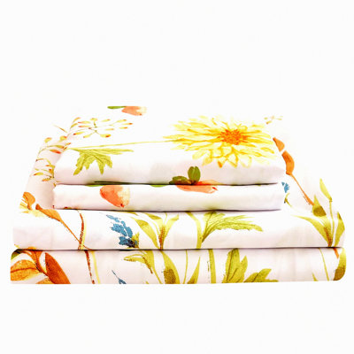 Sunflower Bloom Queen Sheet Set - 4 Piece Botanical Microfiber Bedding with Deep Pocket Pillowcases - Soft Yellow Floral Print