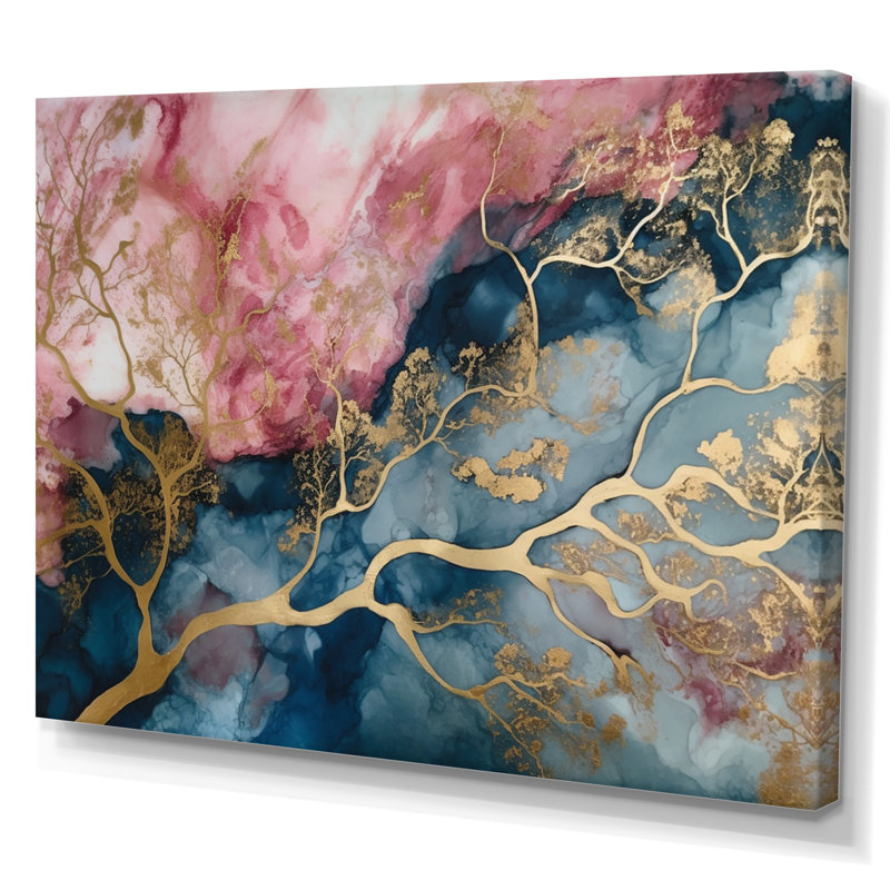 «Exploration des profondeurs de la géode rose I», art mural abstrait en marbre, H 12 po x l 20 po x P 1 po, Toile tendue
