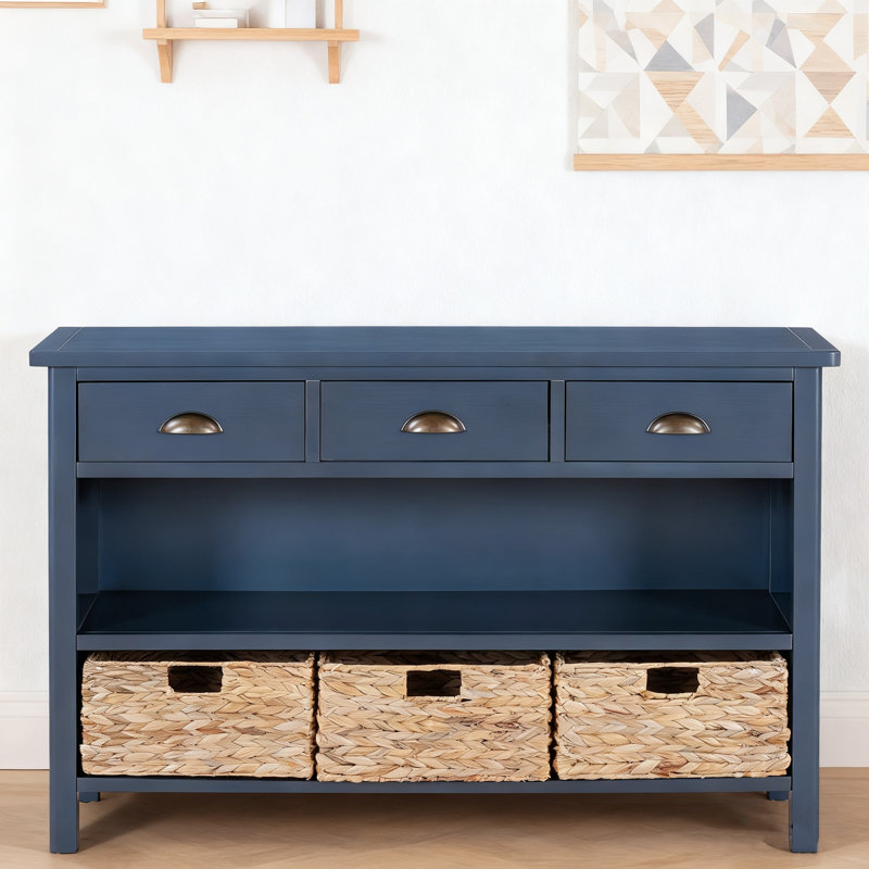 Console rétro avec 3 tiroirs de rangement, table d'entrée avec 3 paniers tissés en jacinthe d'eau, armoire-buffet en bois pour l'entrée, le couloir et le salon
