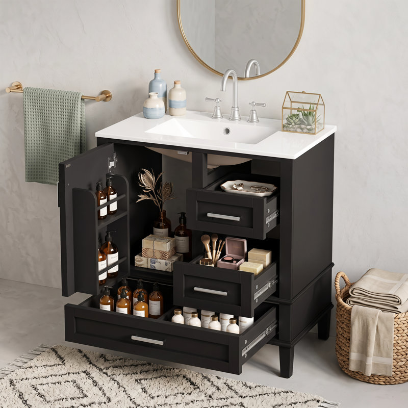 Ensemble de meuble-lavabo moderne de 30 pouces avec lavabo, armoire de rangement avec porte à fermeture en douceur et 3 tiroirs à fermeture en douceur, structure en bois massif